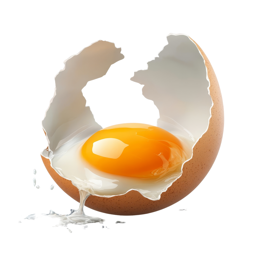 A cracked eggshell revealing bright yellow yolk and clear egg transparent on a clean, transparent background, Cracked egg shell revealing egg yolk and transparent isolated png
