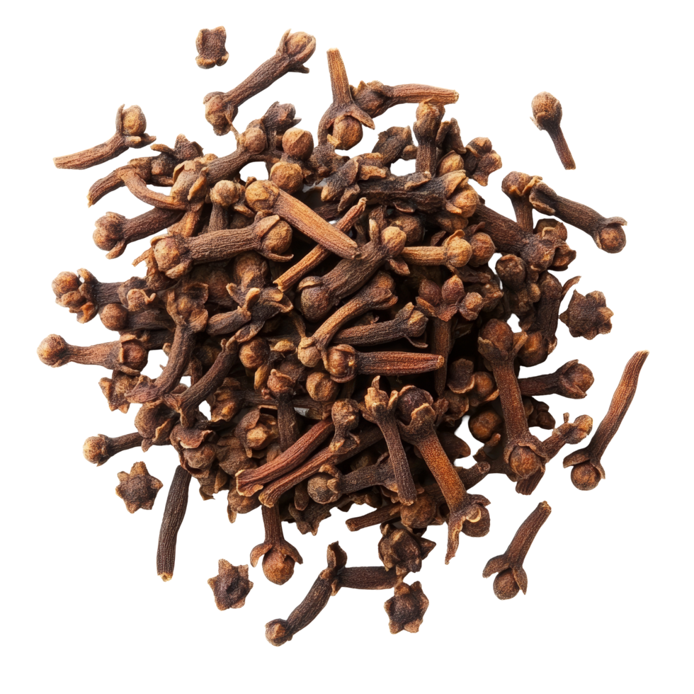 A closeup view of dried cloves on a transparent background showcasing their distinct shapes and rich brown color, cloves on transparent background png