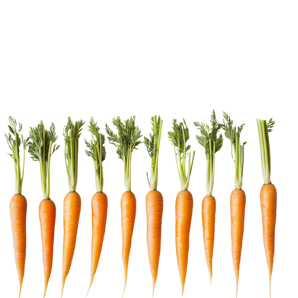 Fresh carrots lined up on a transparent surface with vibrant green tops showcasing their natural beauty, carrots isolated on transparent png