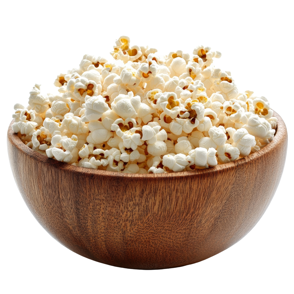 Delicious popcorn served in a wooden bowl against a clean transparent background, perfect for snacking anytime, popcorn in wood bowl isolated on transparent background png