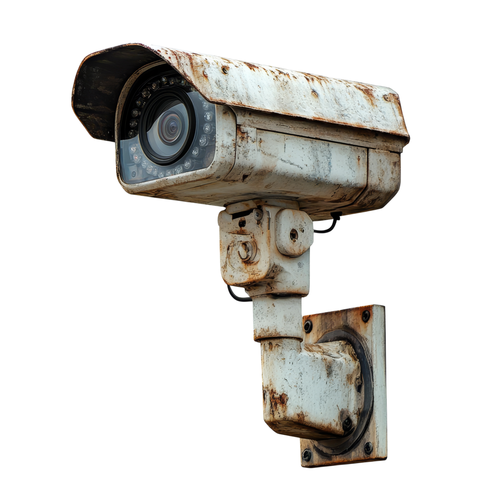 Weathered surveillance camera mounted on wall, monitoring an outdoor area during the day, Security Camera transparent background Isolated Surveillance png