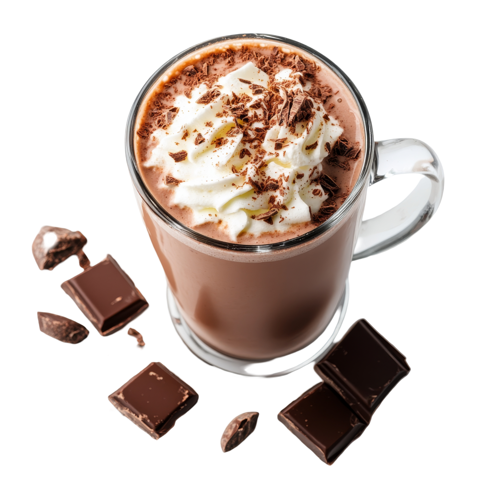 Creamy hot chocolate topped with whipped cream and chocolate shavings on a transparent background, Delicious creamy hot chocolate on transparent background png