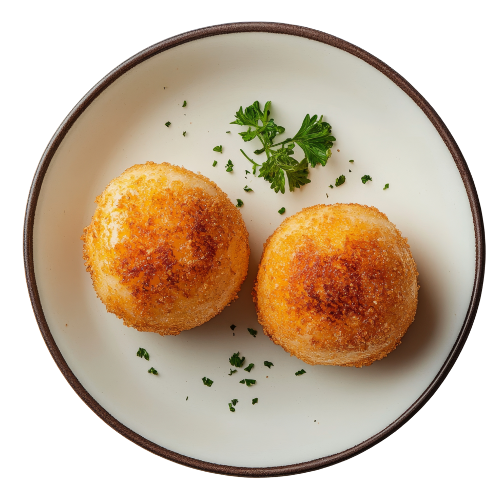 Enjoying delicious korokke balls on a transparent plate garnished with fresh parsley in a clean setting, Korokke on plate transparent background png