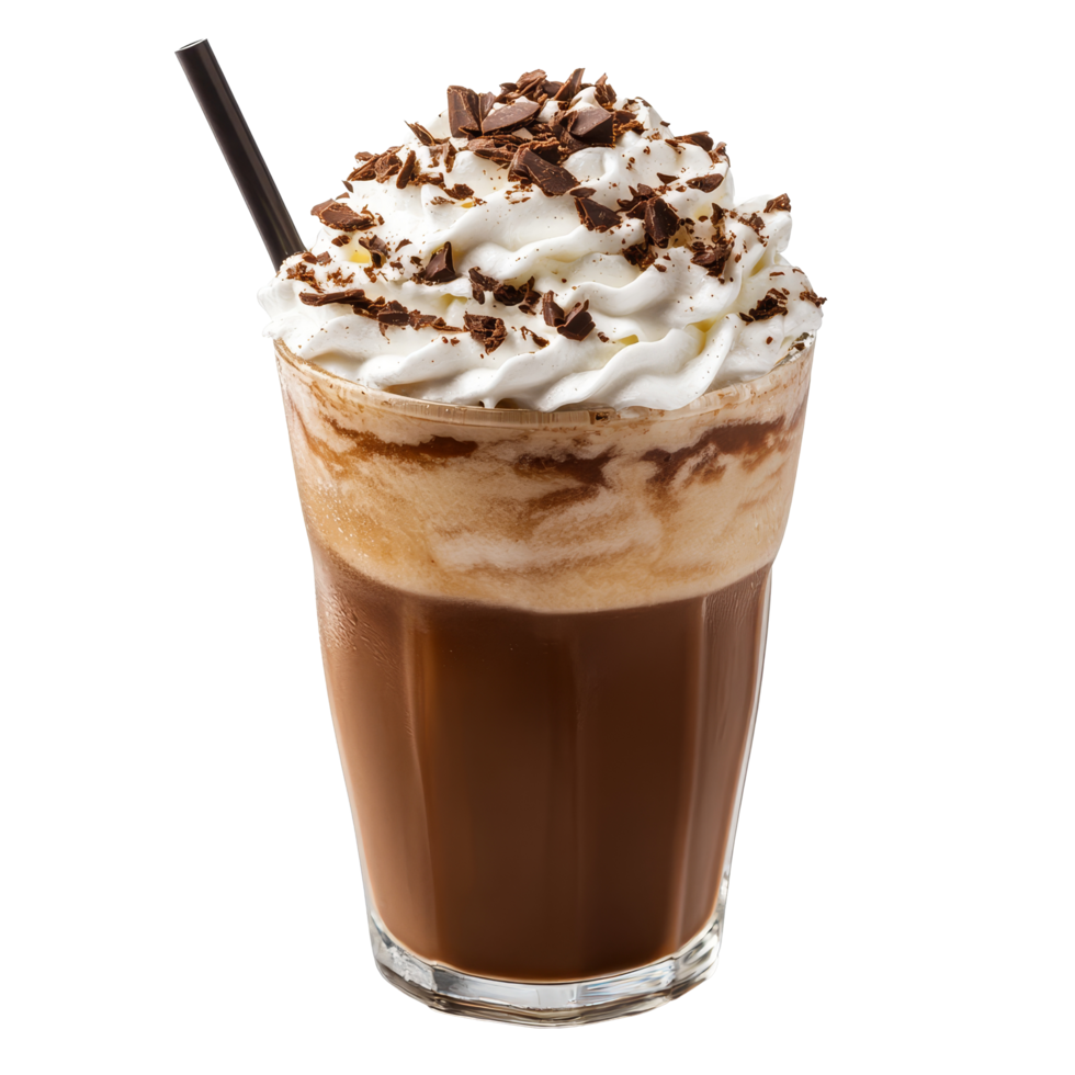Delicious sweet frappe topped with whipped cream and chocolate shavings served in a glass, Portion of sweet frappe with whipped cream png