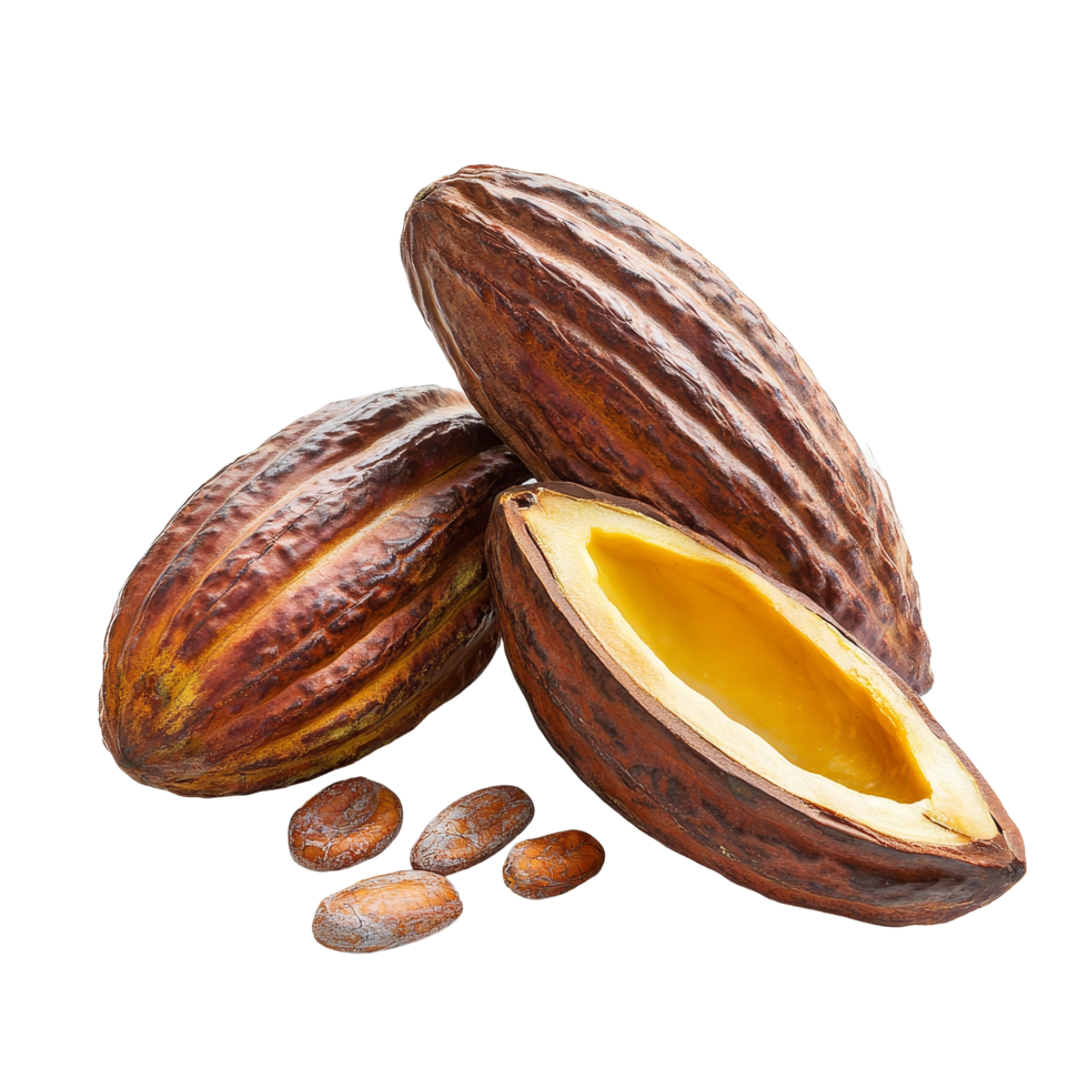 Ripe cocoa fruits isolated on a transparent background showcasing their rich brown texture and bright interior, ripe cocoa fruits isolated on transparent background png