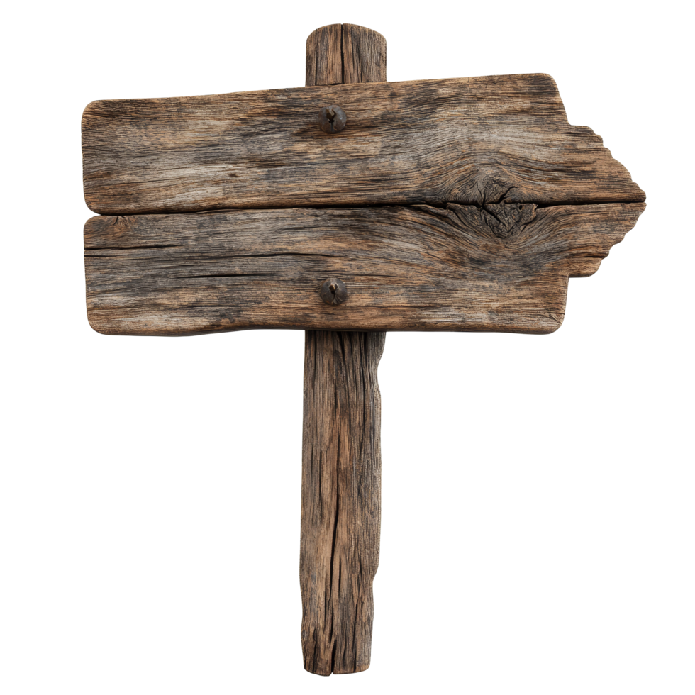 Rustic wooden sign board standing tall, offering direction in a natural setting on a transparent background, rustic wooden sign board isolated on transparent background or transparent backgroud png