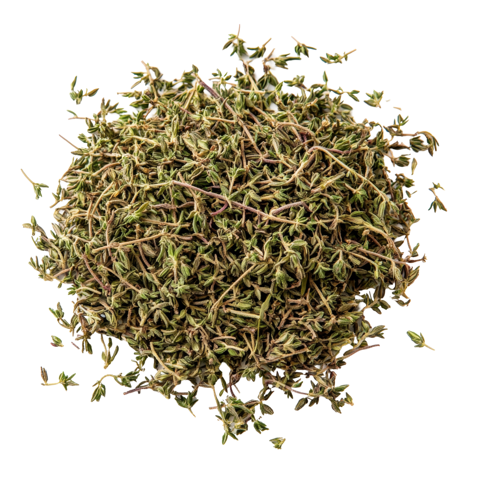 Dried thyme leaves arranged neatly on a transparent background for culinary and aromatic uses, Heap of dried Thyme isolated on transparent background png