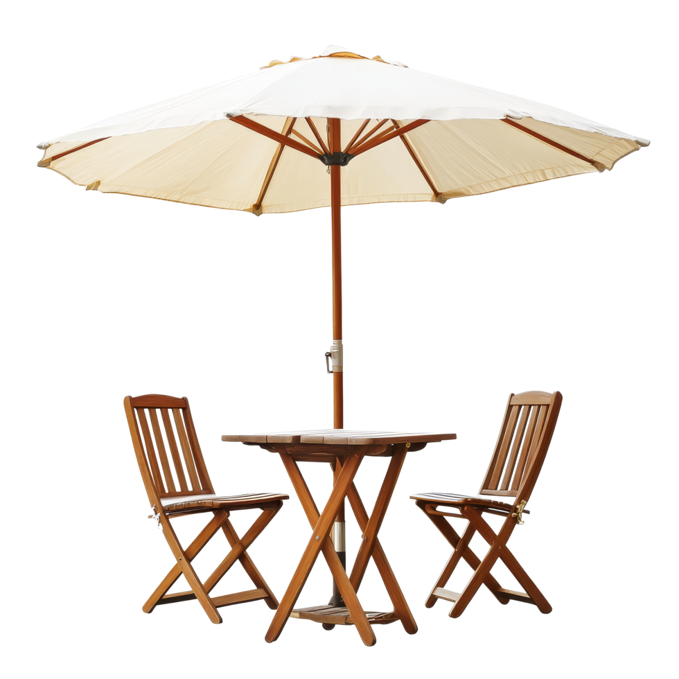 Isolated wooden table and chairs with a large parasol umbrella for outdoor relaxation and dining, Table with Chair and Parasol Umbrella Isolated on transparent background png