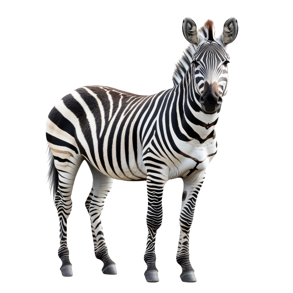 Closeup of a young zebra highlighting its unique stripes in Africas wild landscape during daylight, Young beautiful close up zebra Africa animal isolate die cut stand on transparent background in zoo png