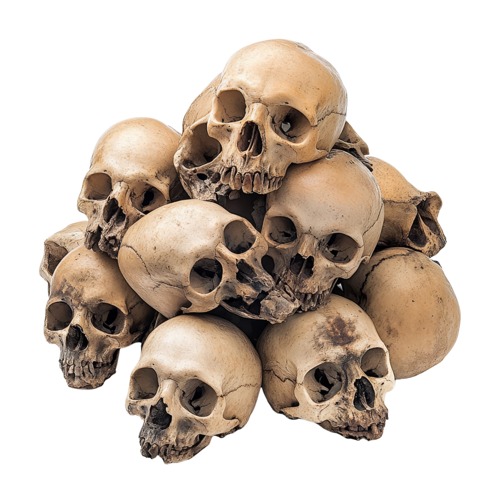 A detailed view of a pile of human skulls isolated on a clean transparent background for educational purposes, pile of skull isolated on transparent background png