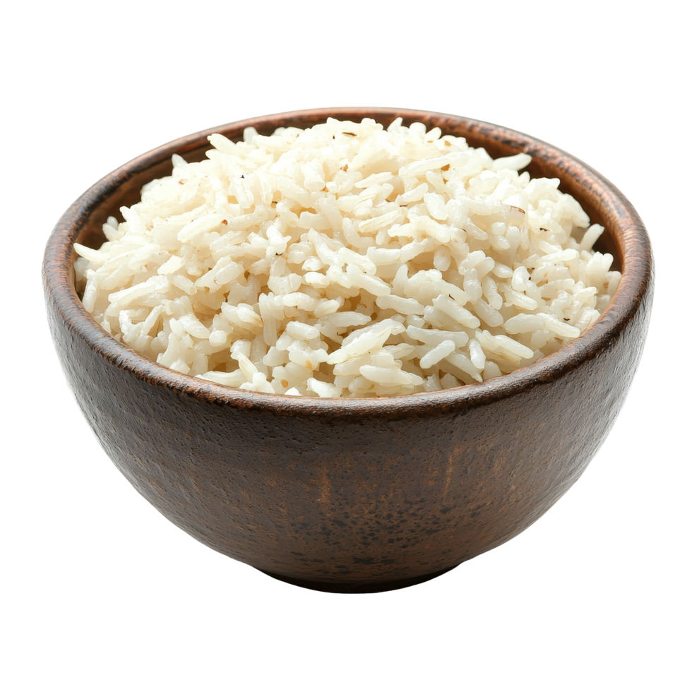 Deliciously cooked jasmine rice in a simple ceramic bowl against a clean transparent background showcasing its fluffy texture, Cooked Jasmin Rice in ceramic bowl on transparent background png