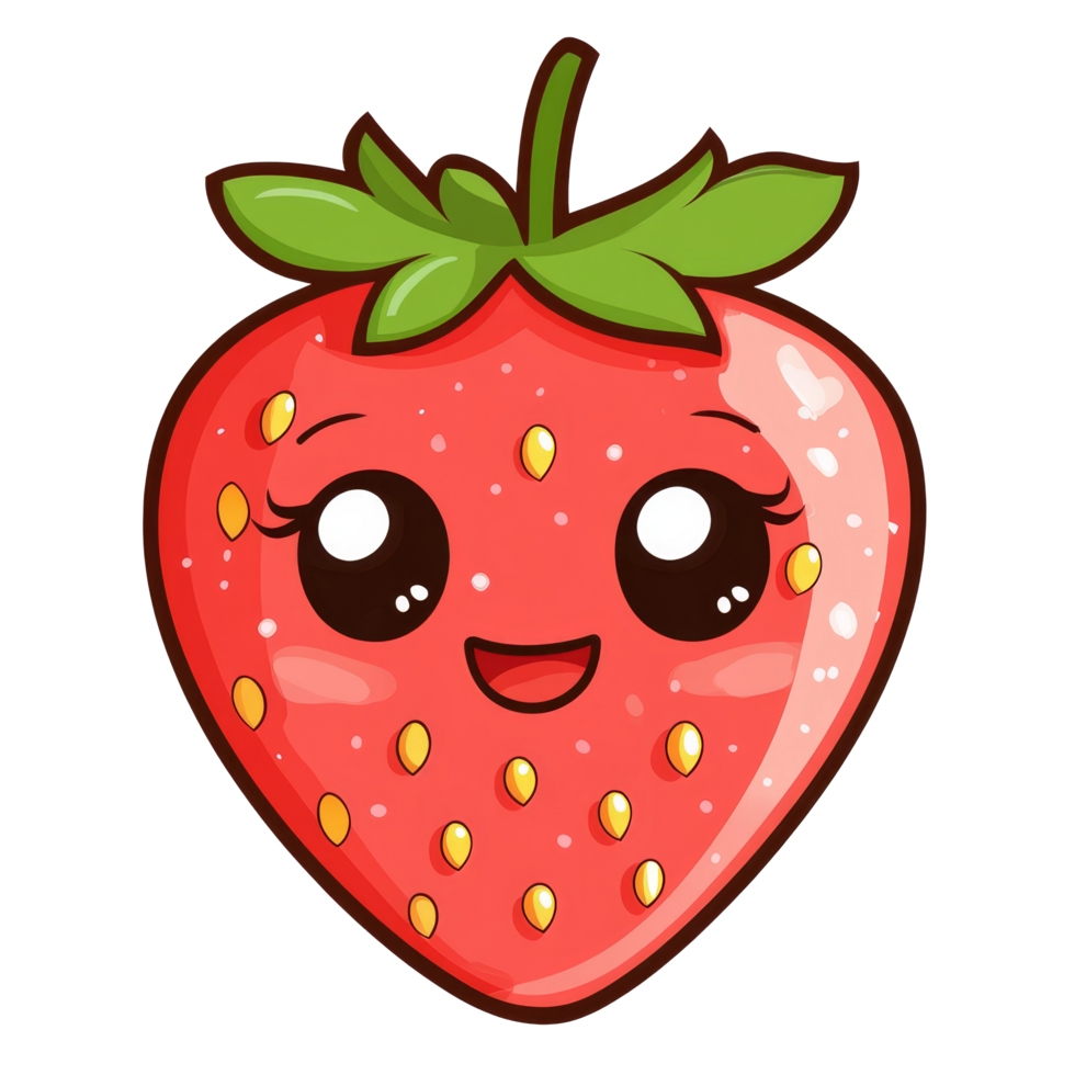 A cute kawaii strawberry character with a smiling face on a bright transparent background ideal for cheerful designs or decorations, Cute kawaii strawberry fruit on a transparent background png