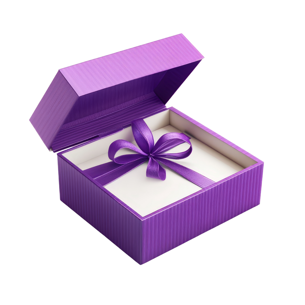 A purple open gift box with a ribbon bow, perfect for celebrations and surprises, displayed on a plain background, Purple open gift box isolated png