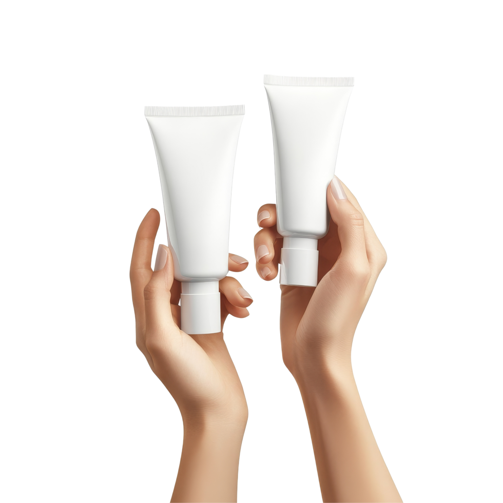 Hands holding mockup beauty cream tubes against a soft, neutral background for product showcasing, Hand holding cream tubes mockups, beauty product packages, cosmetic packs isolated on transparent, png