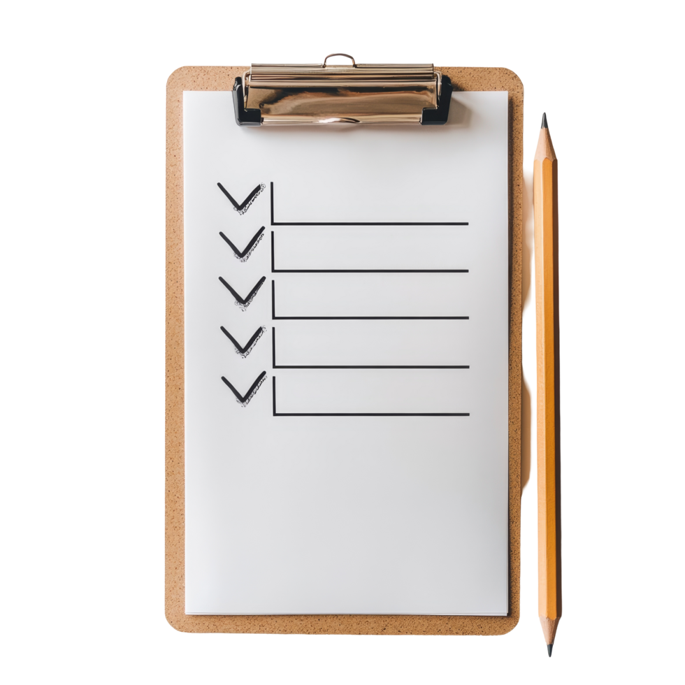A checklist clipboard with clearly marked checkboxes and a pencil rests on a transparent background, Checklist Clipboard with Pencil on transparent background Task Organization Concept png