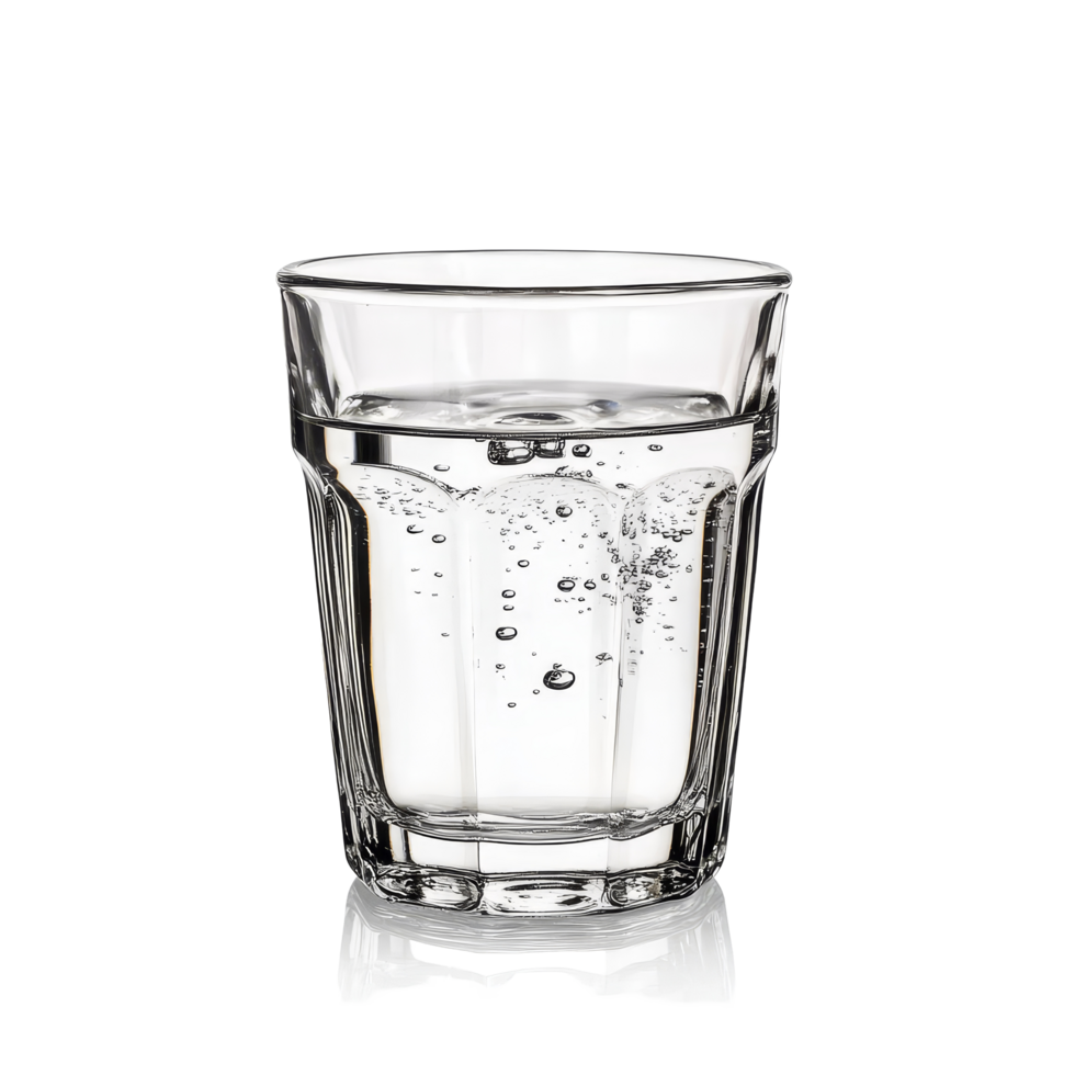A refreshing half full glass of water with bubbles isolated on a clean transparent background for a minimalist look, half full glass of water isolated on transparent background png