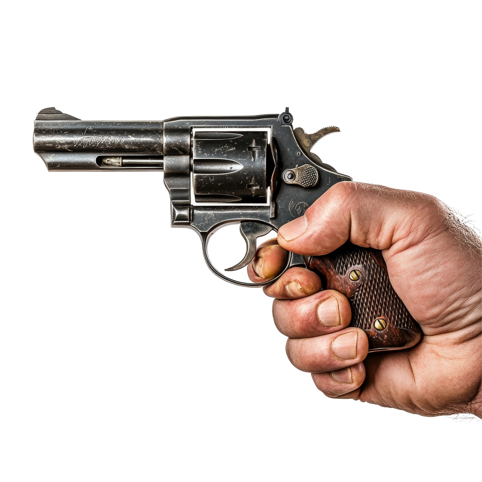 A hand firmly grips a revolver against a stark transparent background in a poised display of firearm readiness, Hand Holding Revolver on transparent background png