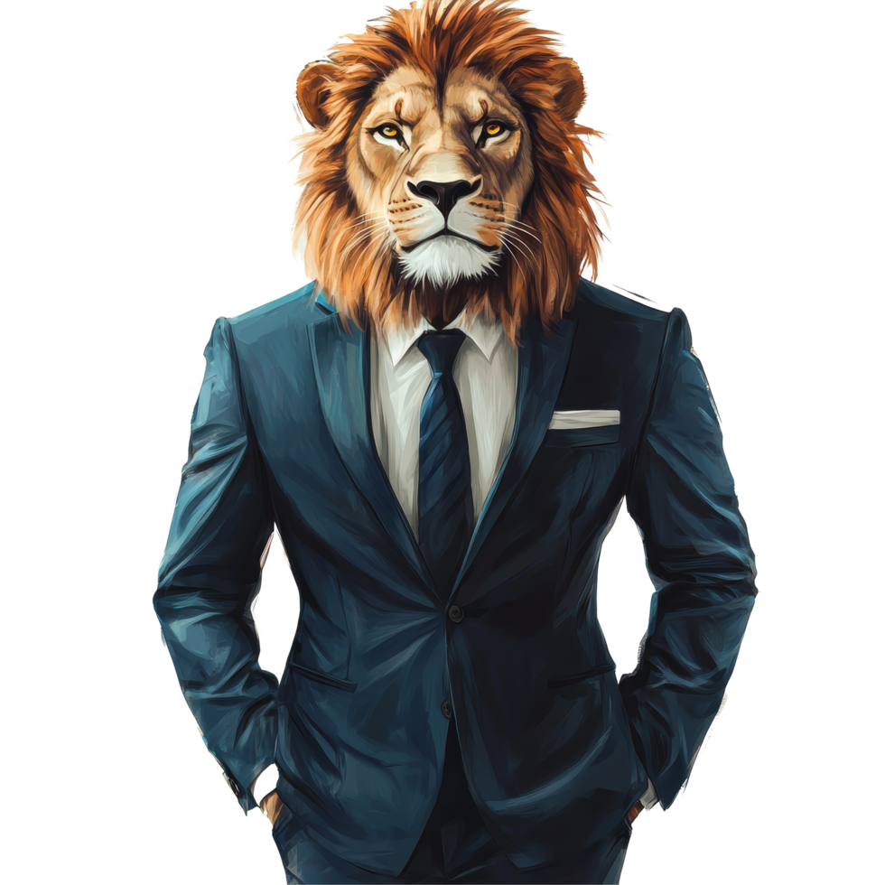 Assertive lion dressed in a suit standing confidently against a transparent background, Assertive Lion Boss in Suit on transparent backgroundConceptual Artwork png