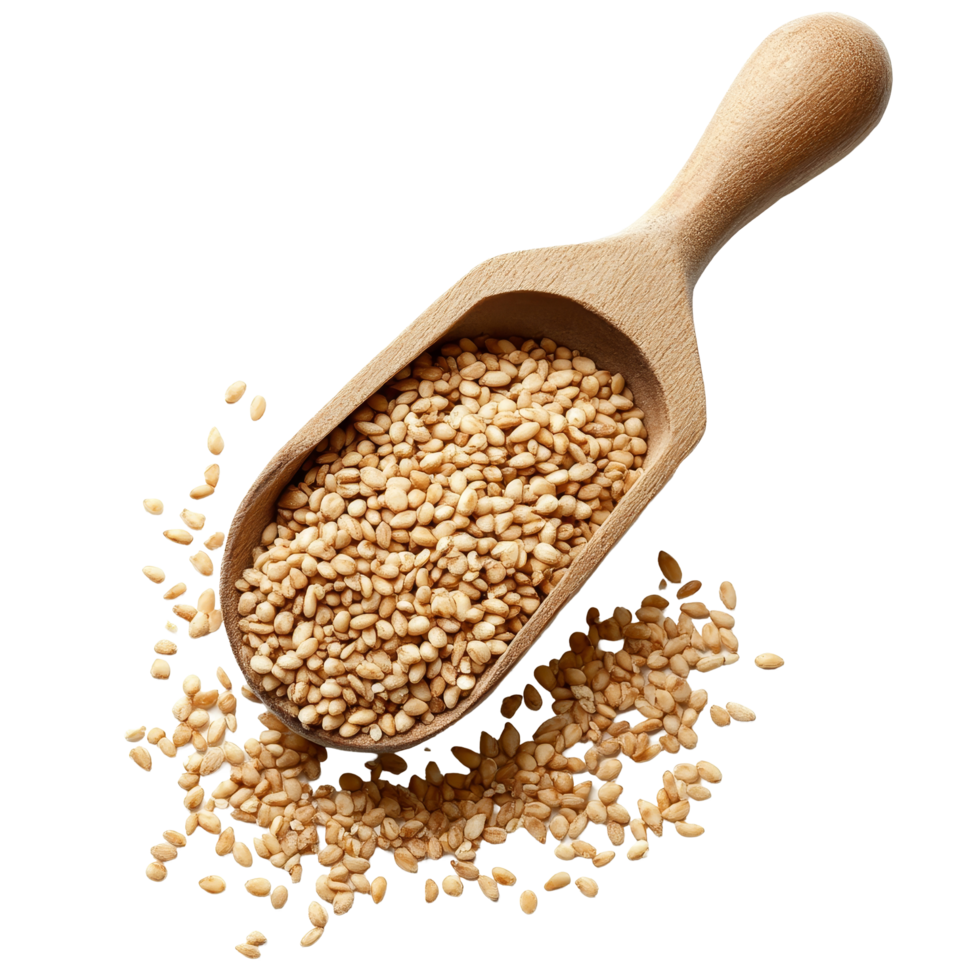 Scoop filled with sesame seeds resting on a clean transparent background showcasing the seeds natural texture, sesame in scoop on transparent background png