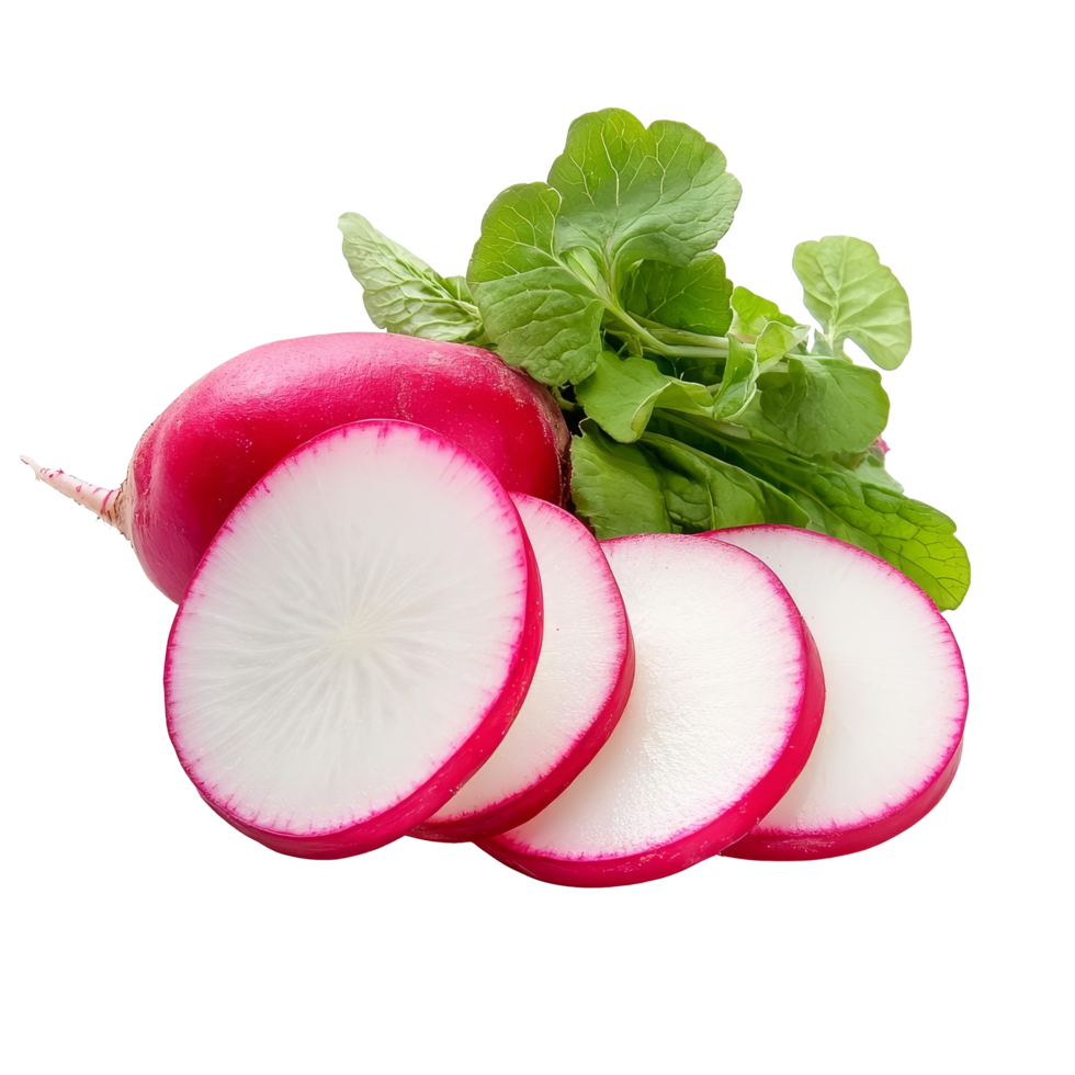 Sliced radishes with fresh greens isolated on a transparent background ready for culinary use and presentation, slice radishes isolated on transparent background png