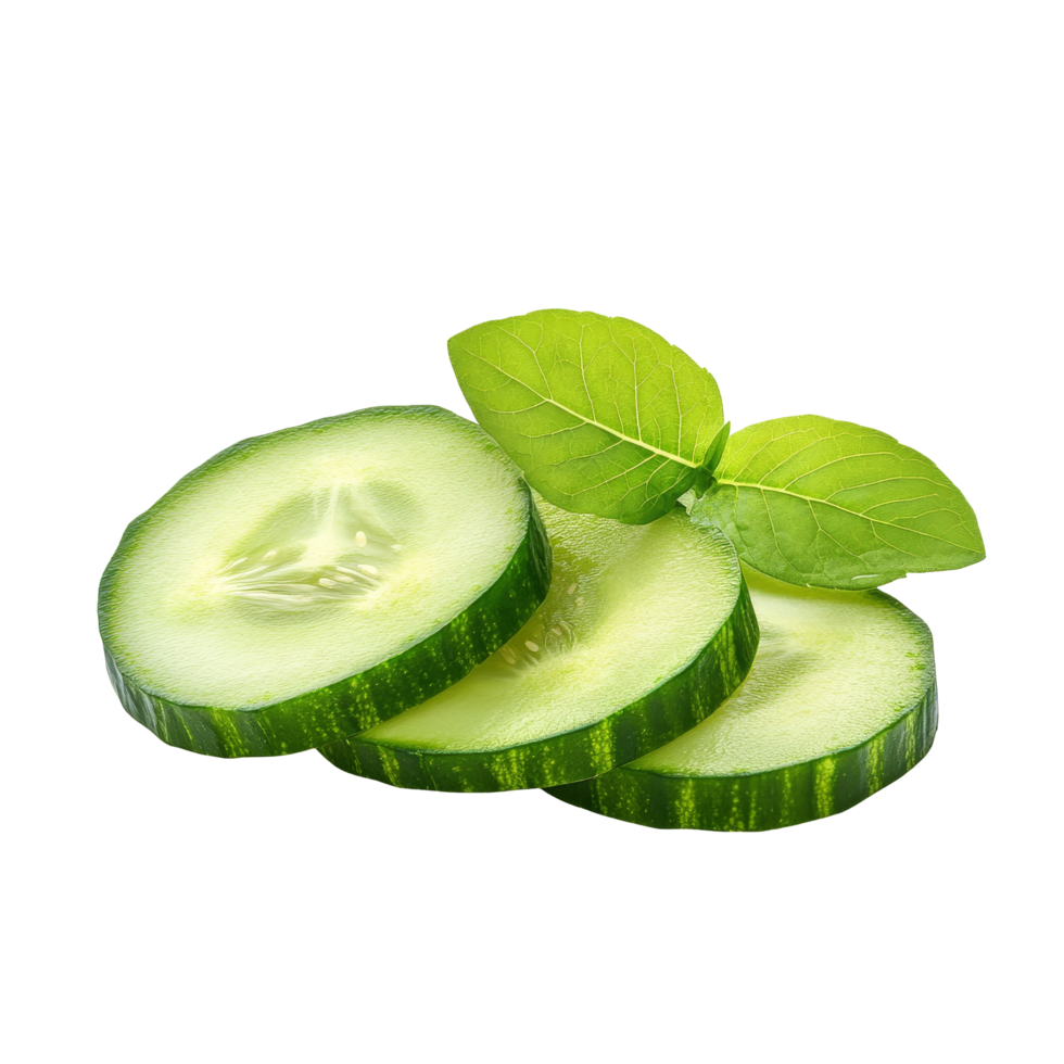 Fresh cucumber slices with green leaves isolated on a clean transparent background for culinary and healththemed presentations, cucumber slices with leaf isolated on transparent background png