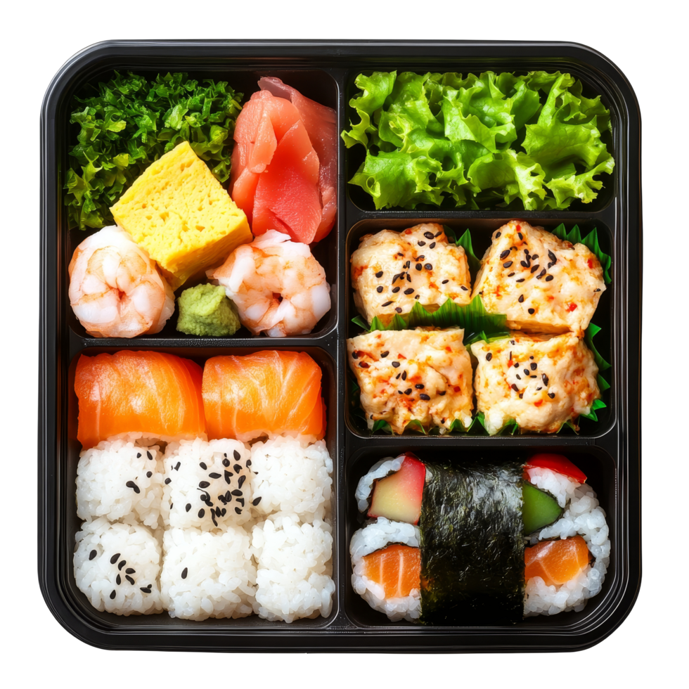 Enjoy a delicious and colorful bento box featuring sushi and fresh ingredients on a transparent background, boiled egg isolated on ransparent transparent background png