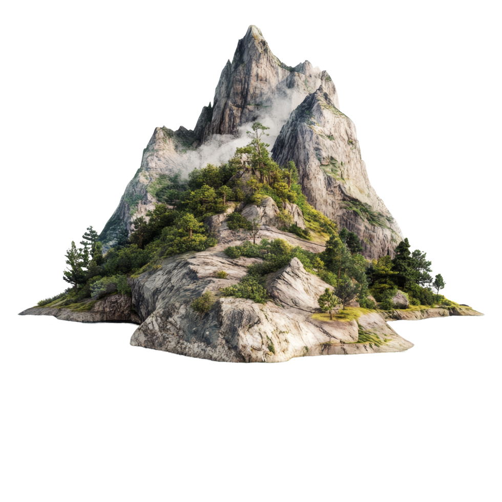 A serene mountain island surrounded by calm waters and lush greenery under a bright, clear sky, Mountain Island on transparent background png