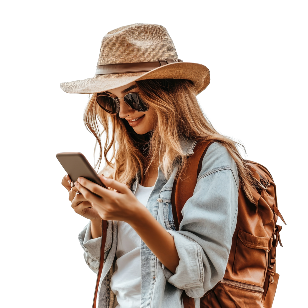 A woman exploring a new destination while using her smartphone to capture travel memories, file no background Woman traveling and using a smartphone png