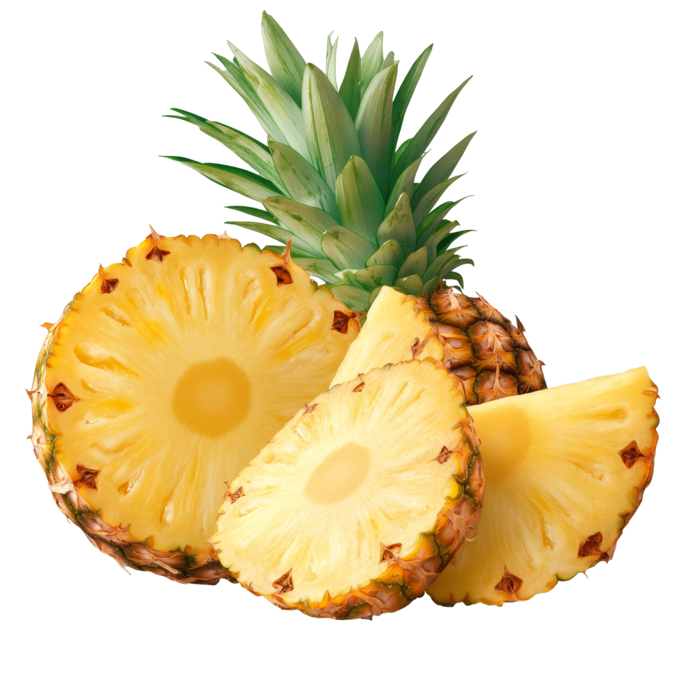 Fresh pineapple slices arranged beautifully on a transparent background showcasing their vibrant color, pineapple slices isolated on transperent png