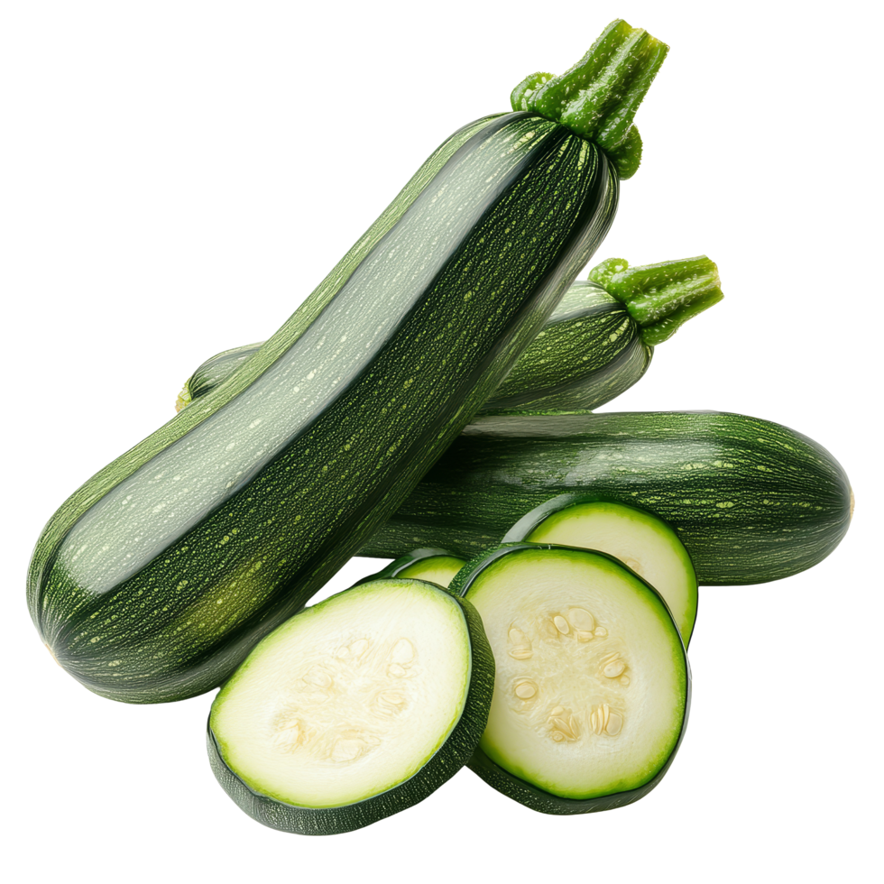 Fresh zucchini with a sliced portion displayed on a transparent background for culinary use or healthy eating inspiration, Zucchini with slice isolated on transparent background png