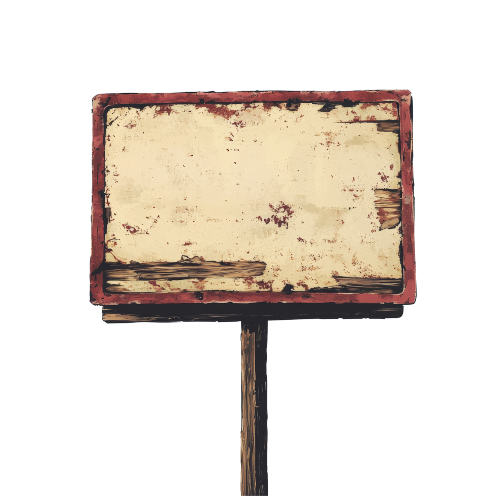 A weathered blank sign stands tall in a desolate landscape under a clear blue sky, Blank signage Stock Illustration png