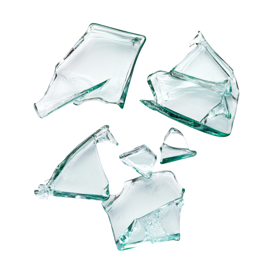 Isolated pieces of broken glass on a clean transparent background showcasing sharp edges and unique shapes, broken glass pieces isolated on transparent background png