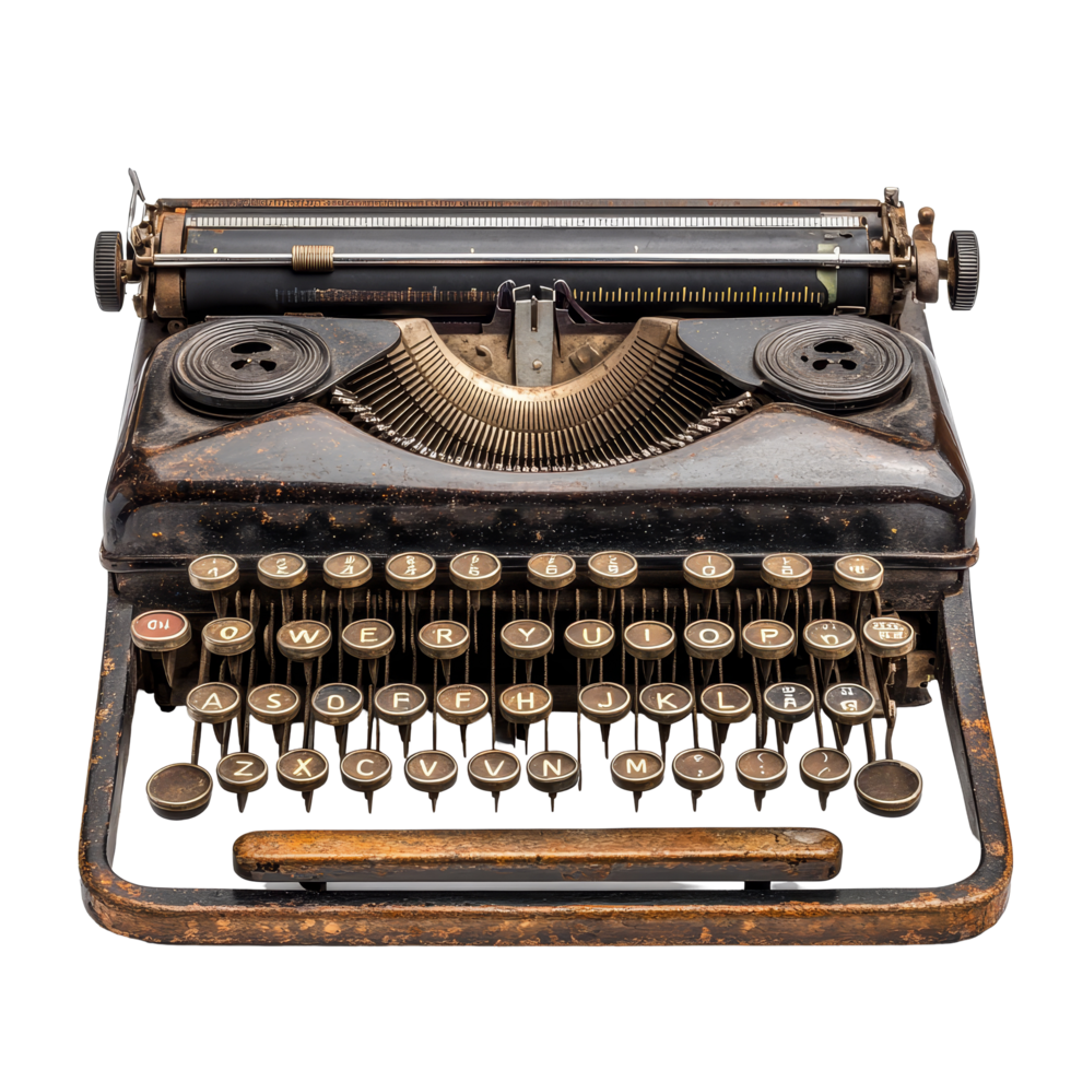 A vintage typewriter with a weathered appearance on a clean transparent background, Vintage typewriter on transparent background png
