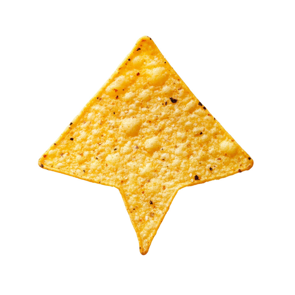 A single triangular nacho chip isolated on a clean transparent background, perfect for culinary presentations, transparent background of a single nacho chip from above, isolated on a transparent png
