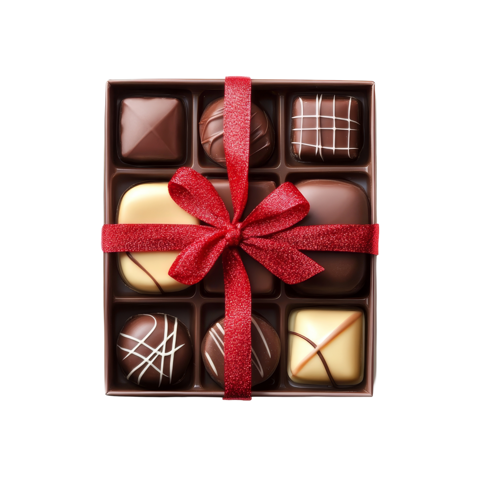 Delicious Christmas chocolate gift box with assorted pralines and elegant red ribbon on a pristine transparent background, christmas chocolate gift box isolated on transparent background png