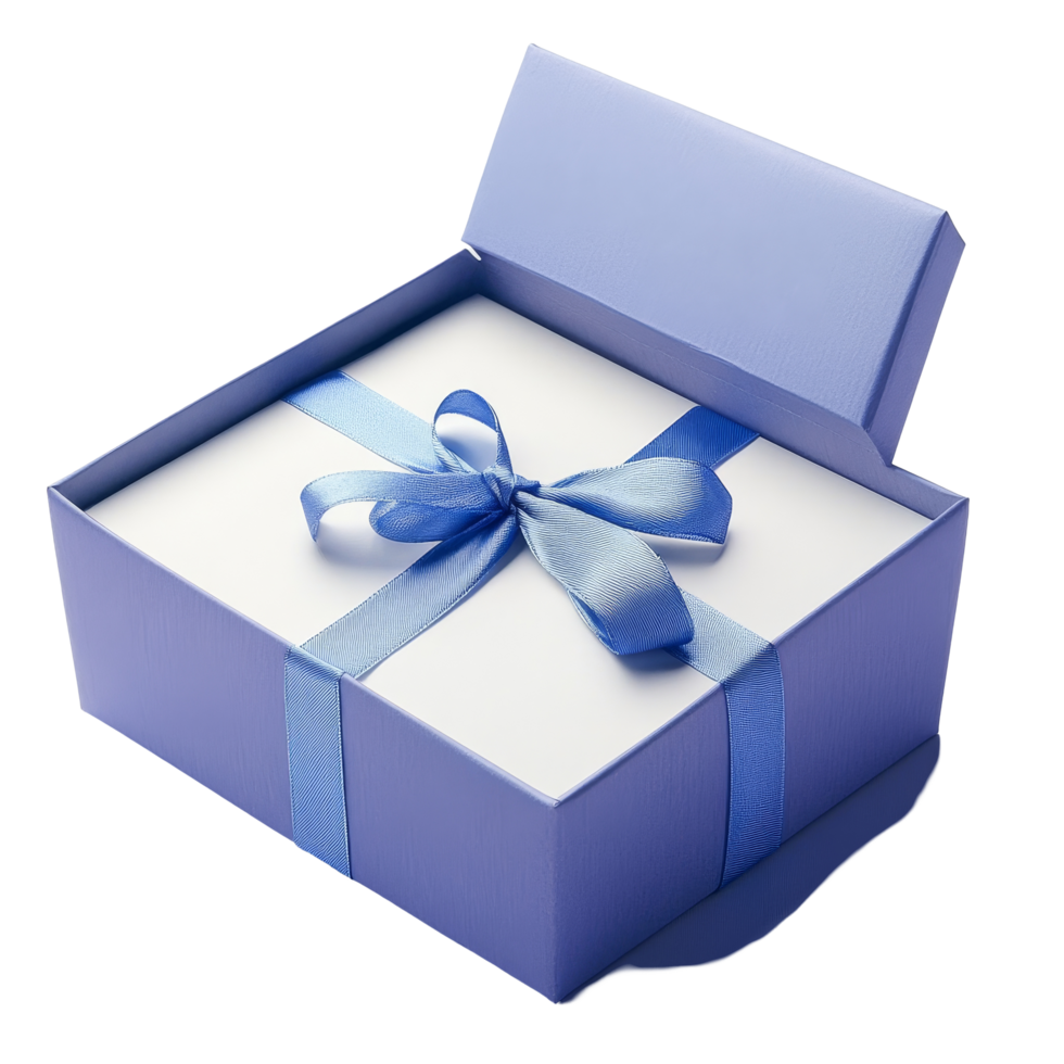 A beautifully wrapped blue gift box with ribbon on a transparent background ready for any special occasion, Blue open gift box with ribbon over transparent background png