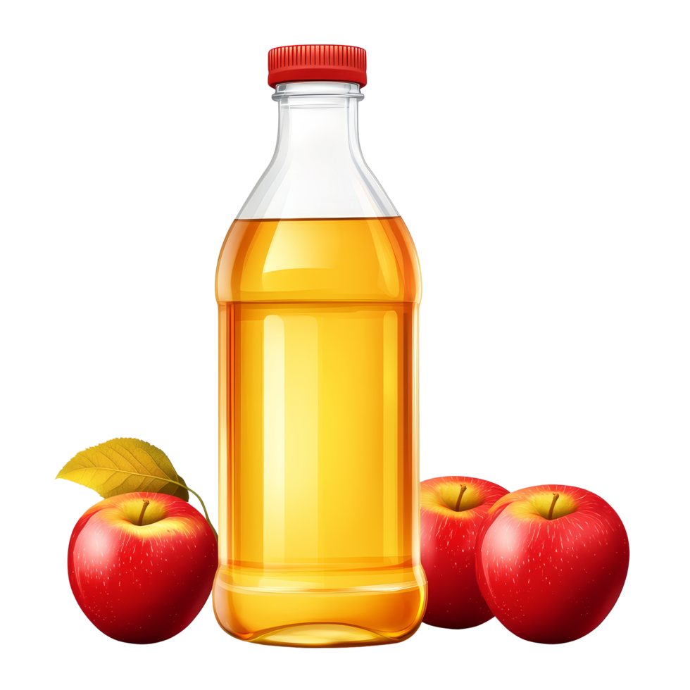 A bottle of apple juice with fresh red apples set on a clean transparent background, Bottle of apple juice with red apples isolated png