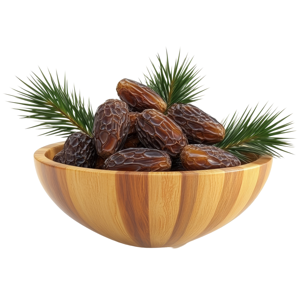 Fresh dates from a date palm in a wooden bowl on a transparent background with green palm leaves, date palm in wood bowl isolated on transparent background png