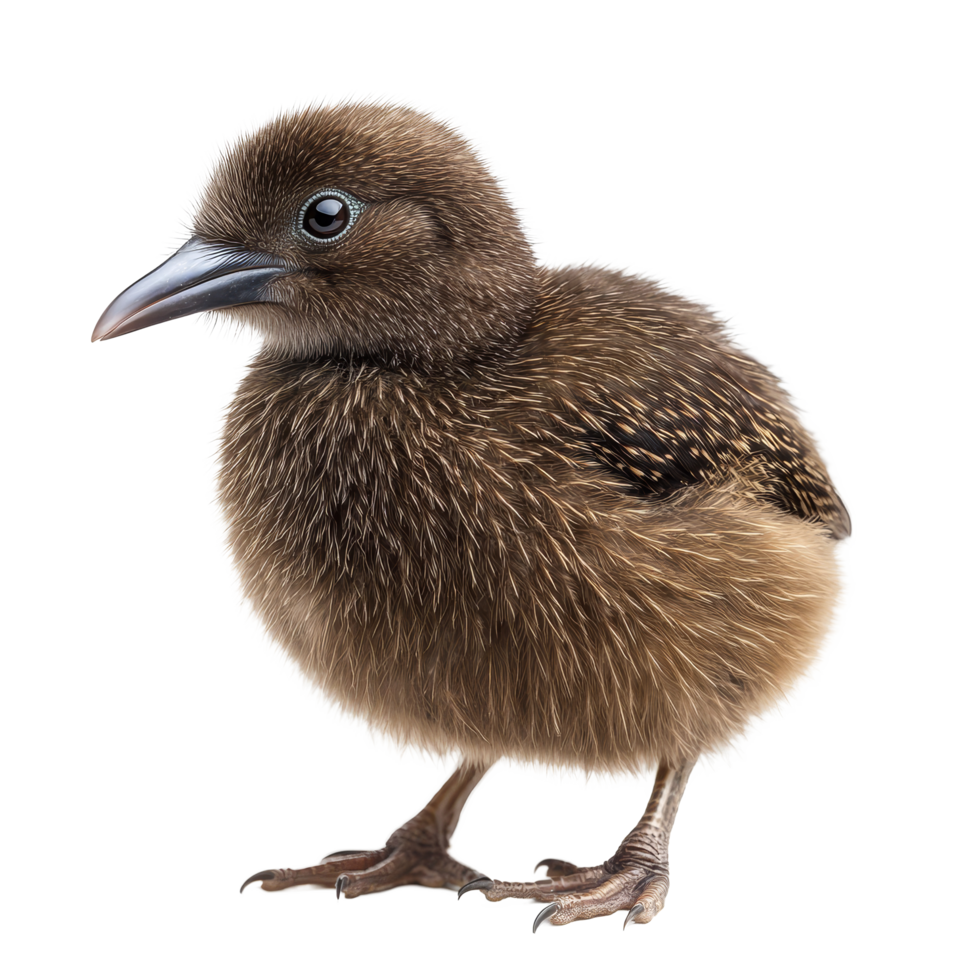 Young kiwi bird standing on a transparent background showcasing its fluffy, brown plumage with detailed features, Red kiwi fruit isolated on transparent background png