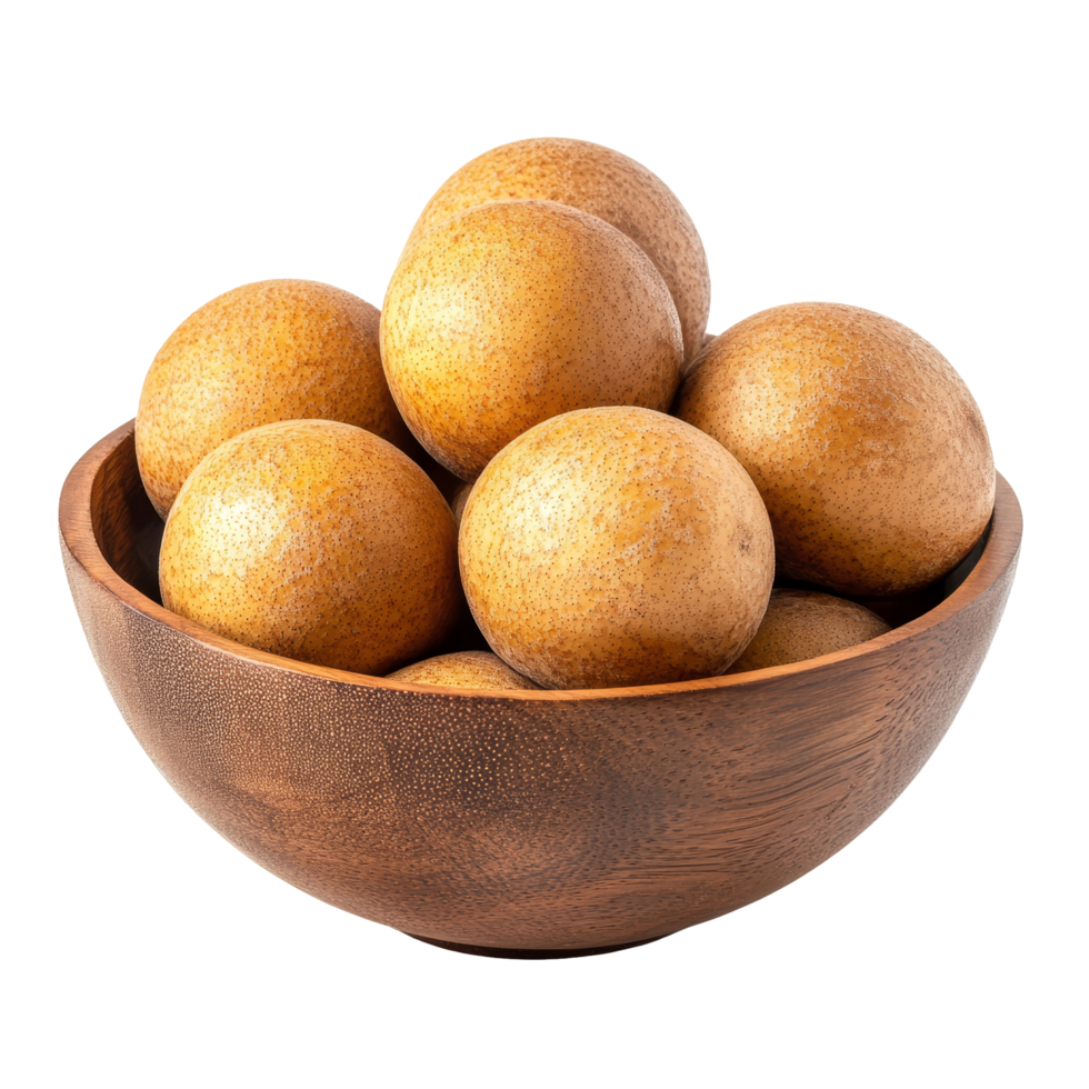 Fresh longan fruit in a wooden bowl, showcasing its natural texture against a transparent background, Longan in wood bowl isolated on transparent background png