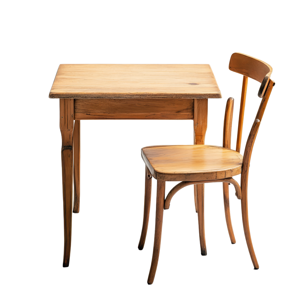 Simple wooden table and chair set against a clean transparent background, perfect for minimalist design, Wood table and chair on transparent background. wooden table with chair transparent background png