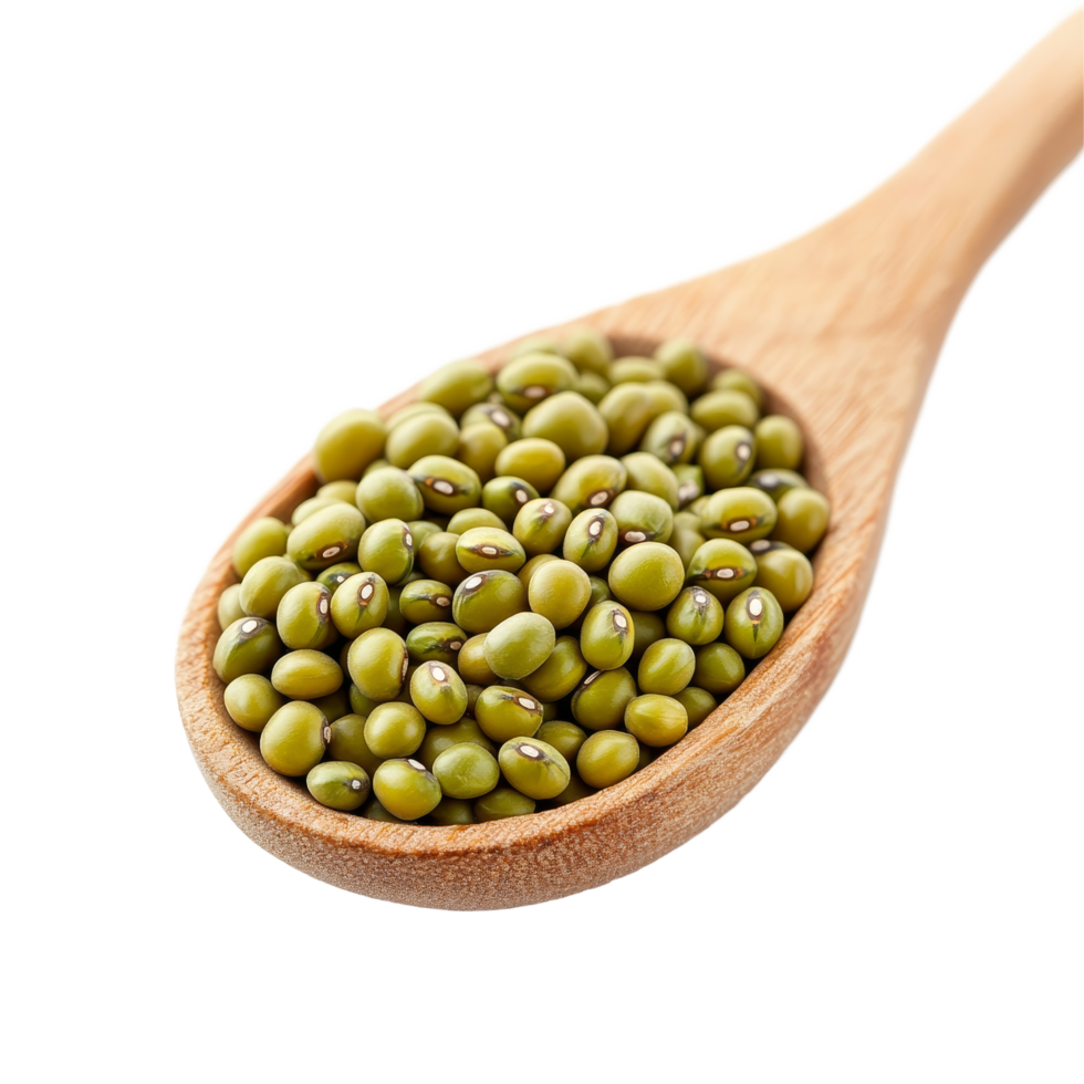 Fresh mung beans in a wooden spoon on a clean transparent background creating a natural food presentation, Mung bean in wood spoon isolated on transparent background png