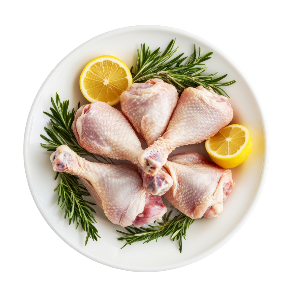 Fresh raw chicken legs with lemon and herbs arranged on a transparent plate, ready for cooking or meal preparation, Isolated fresh raw chicken legs png