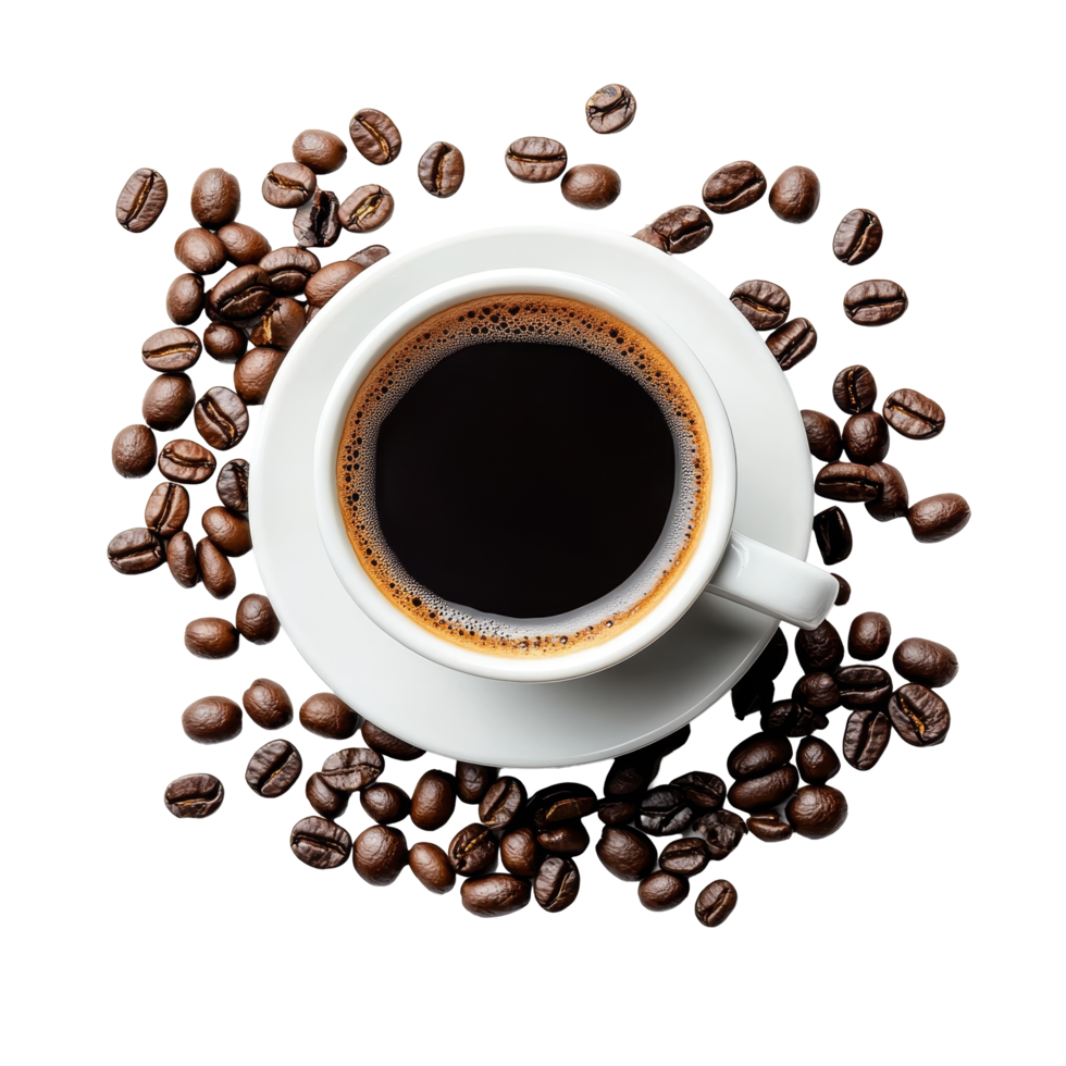 Enjoying a warm cup of black coffee surrounded by fresh roasted coffee beans on a transparent background, Black coffee and coffee beans on transparent background flat lay png