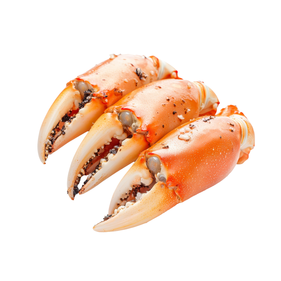 Boiled crab claws on a transparent background highlighting their natural color and texture, Boiled crab claws isolated on transparent background png