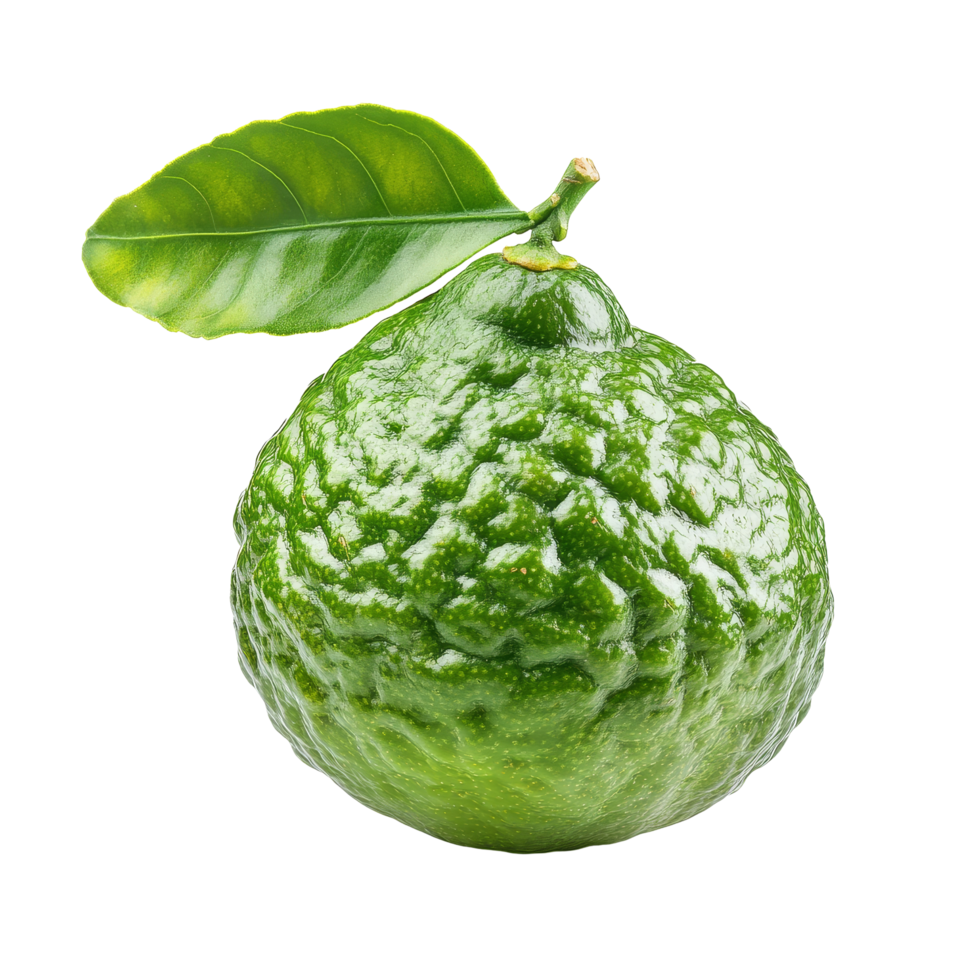 Freshly harvested bergamot fruit with a vibrant green leaf isolated on a transparent background, fresh bergamot fruit with leaf isolated on transparent background png