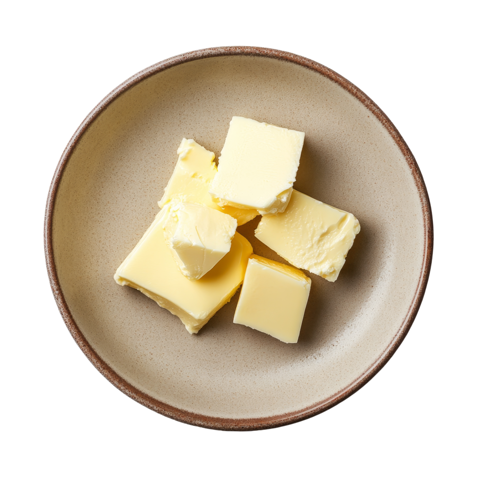 Freshly cut butter pieces neatly arranged on a plate against a clean transparent background for culinary use, butter in plate on transparent background png