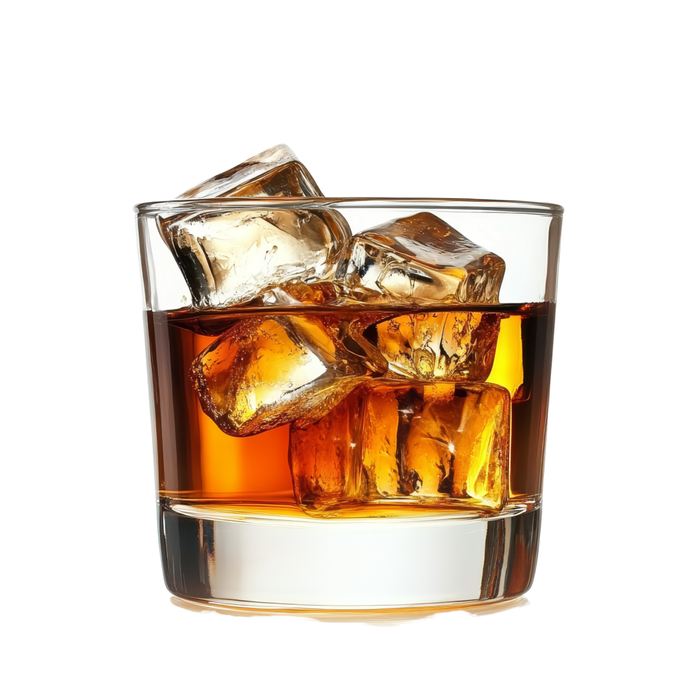 A refreshing glass of whiskey served over ice against a clean transparent background, glass of whiskey with ice transparent background png