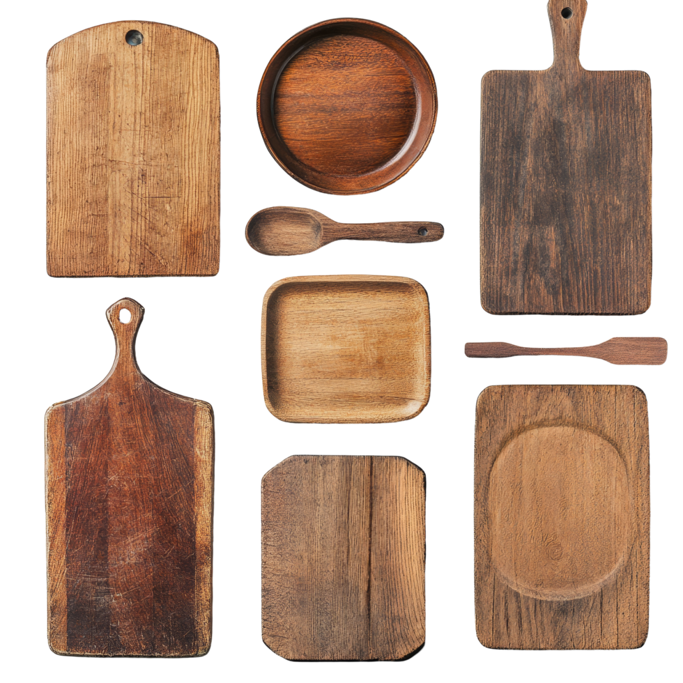 A collage of various isolated wooden cookware boards suitable for culinary use in kitchens and dining settings, Isolated wooden cookware boards collage png
