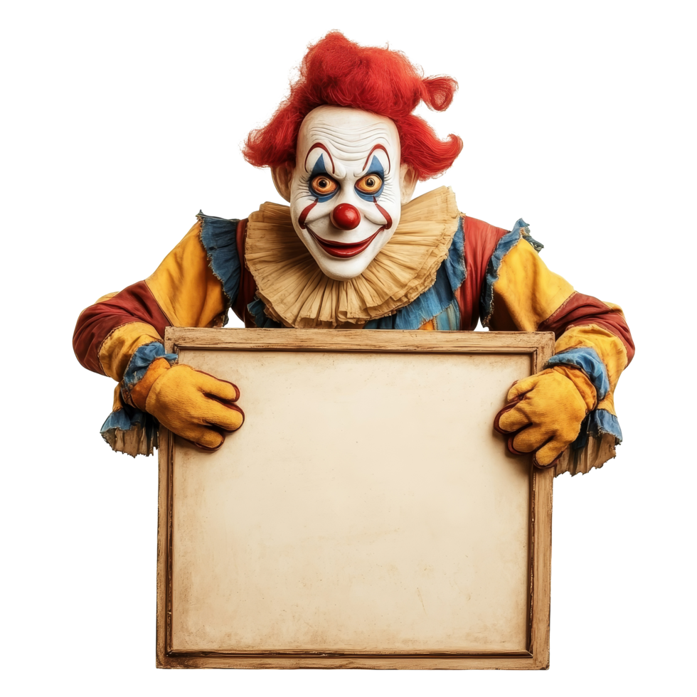 A cheerful clown with a blank board posing on a plain transparent background ready for creative message or promotion, clown with blank board isolated on transparent background png